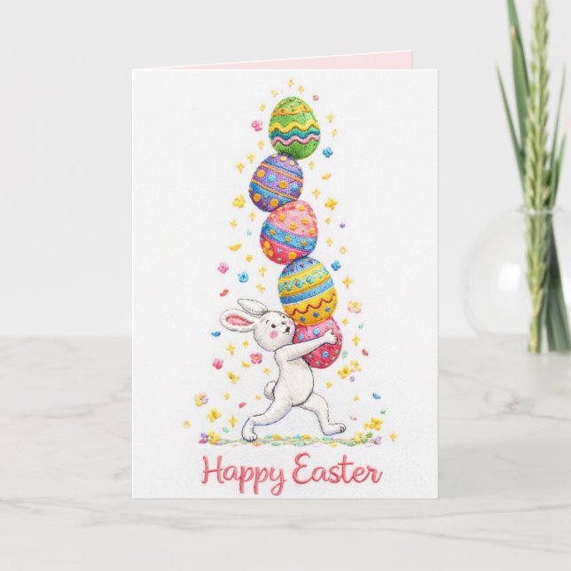 Tarjeta Festiva Pastel Embroidered Bunny Easter personalized Card (Anverso)