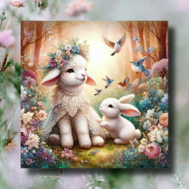 Tarjeta Festiva Pastel Floral Woodland Bunny Lamb Christian Easter