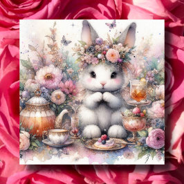Tarjeta Festiva Pastel Morado Fantasía Floral Bunny Tea Easter