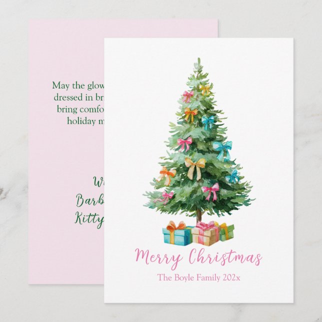 Tarjeta Festiva Pastel Pink Bows Christmas Tree (Anverso / Reverso)