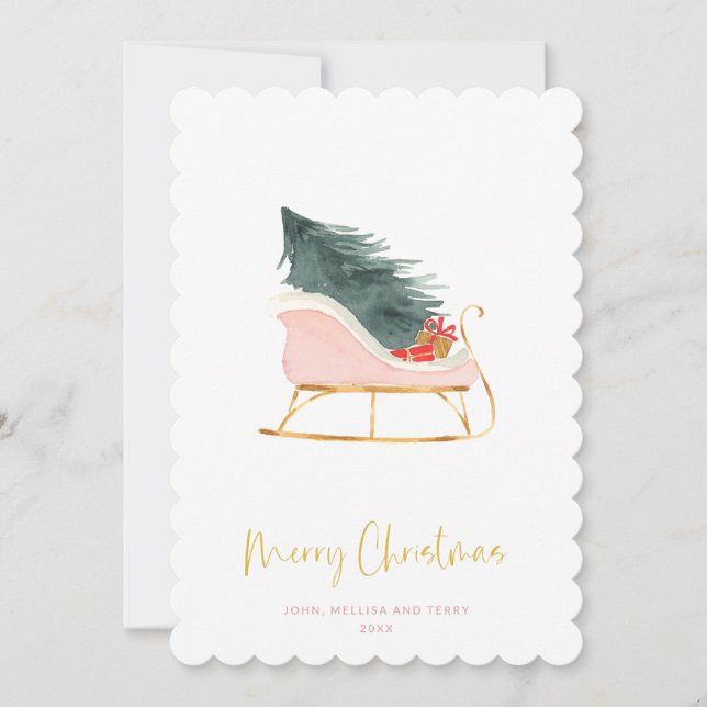 Tarjeta Festiva Pastel Pink Farmhouse Check Navidades Sleigh (Anverso)