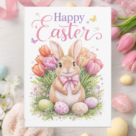 Tarjeta Festiva Pastel Pink Tulips Easter Bunny Happy Easter