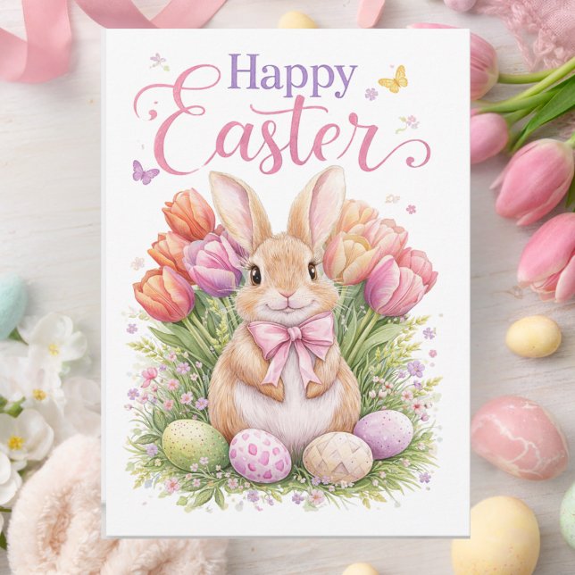 Tarjeta Festiva Pastel Pink Tulips Easter Bunny Happy Easter (Subido por el creador)