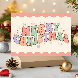 Tarjeta Festiva Pastel Retro Groovy Merry Christmas