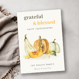 Tarjeta Festiva Pastel Soft Watercolor Floral Calabaza de Acción d