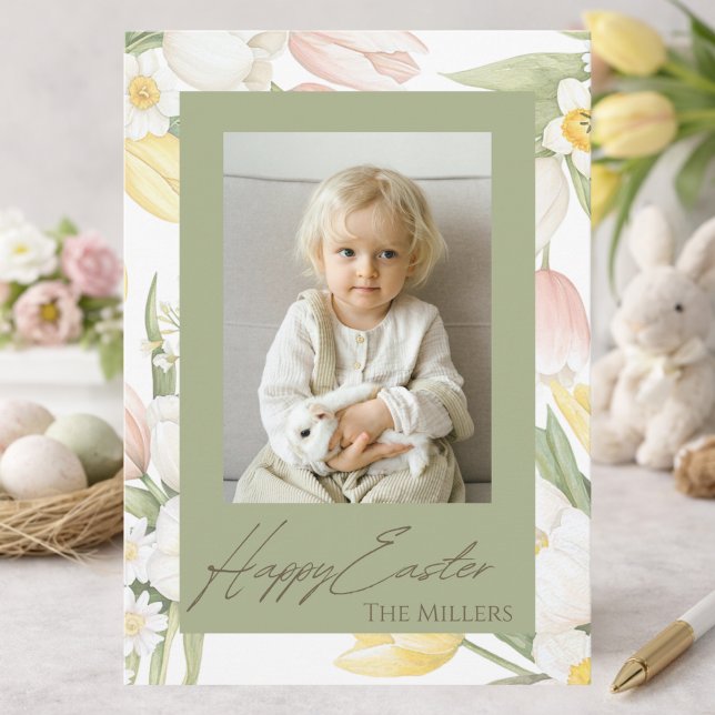 Tarjeta Festiva Pastel Tulips & Daffodils Happy Easter Photo Card (Subido por el creador)