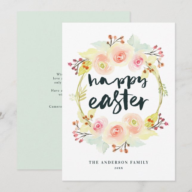 Tarjeta Festiva Pastel Watercolor Floral Wreath Feliz Pascua (Anverso / Reverso)