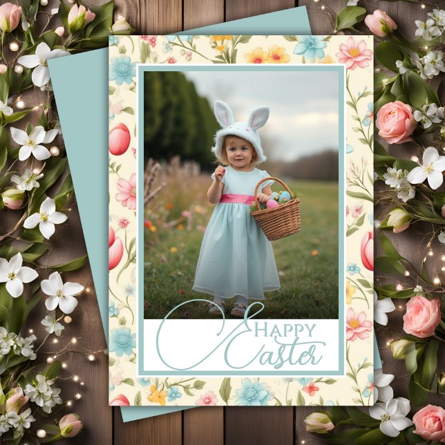 Tarjeta Festiva Pasteles florales Felices Pascua Personalizado Fot (Floral Pastels Happy Easter Custom Photo Holiday Card)