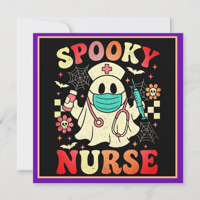 Tarjeta Festiva Pasteles Retro Gráficos de Enfermera Fantasma Cute (Anverso)