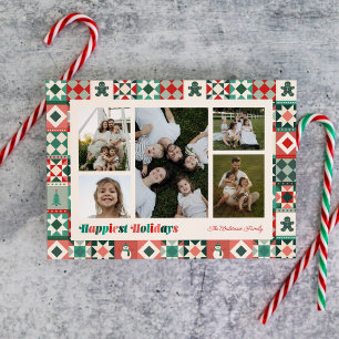 Tarjeta Festiva Patchwork Felices Fiestas Rojo y Verde Foto