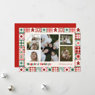 Tarjeta Festiva Patchwork Felices Fiestas Rosa Rojo Verde Foto