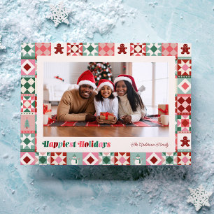 Tarjeta Festiva Patchwork Felices Fiestas Rosa Rojo Verde Foto