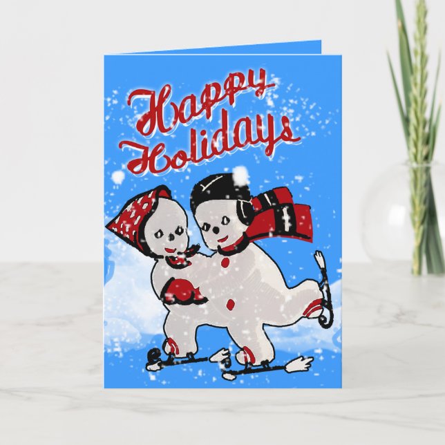 Tarjeta Festiva Patinadores de Snowmen Retro Cuidados - Personaliz (Anverso)