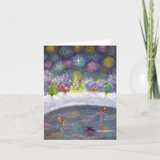 Tarjeta Festiva Patinaje debajo del cielo estrellado (Anverso)