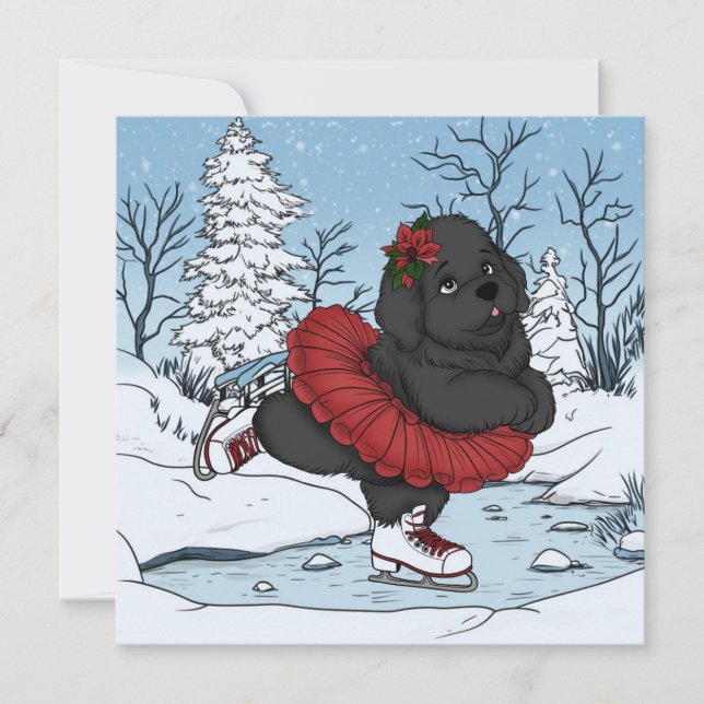 Tarjeta Festiva Patinaje sobre hielo cachorro de Terranova País de (Anverso)