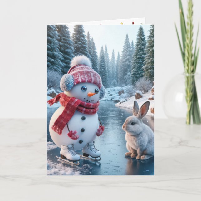 Tarjeta Festiva Patinaje sobre hielo en navidades Snowman (Anverso)