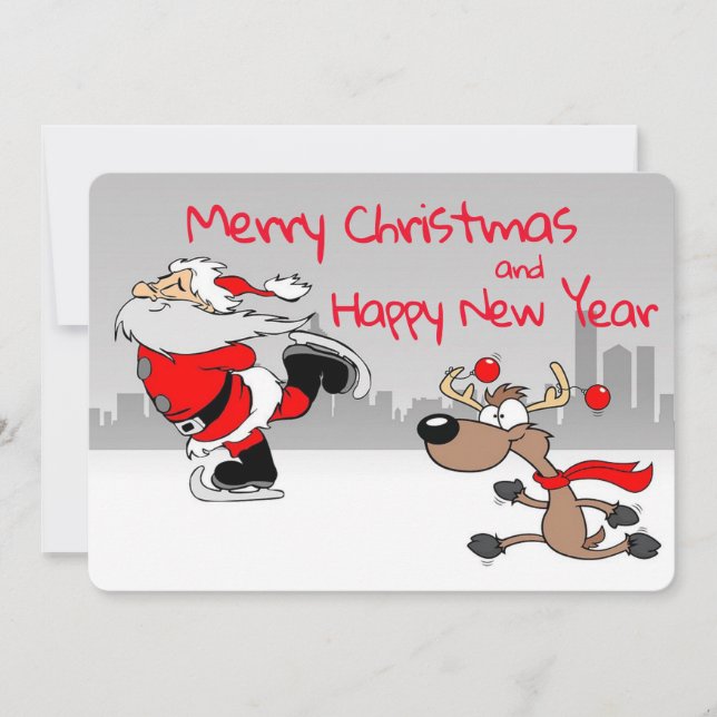 Tarjeta Festiva Patinaje sobre hielo en Santa y Reindeer (Anverso)
