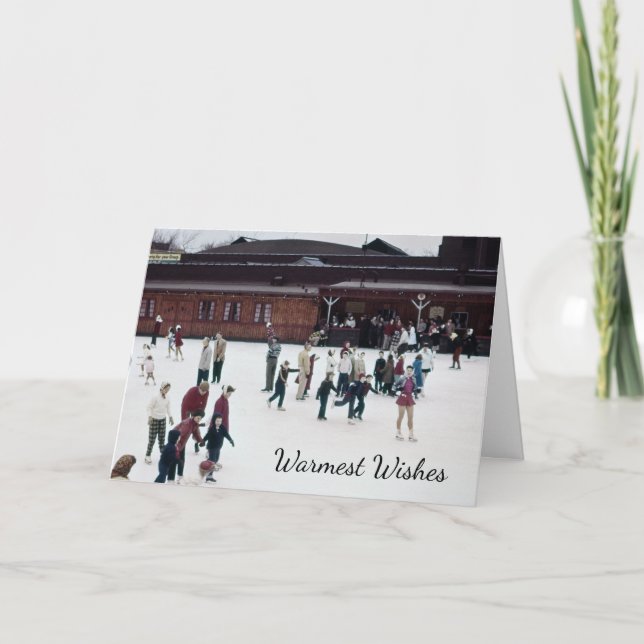 Tarjeta Festiva Patinaje sobre hielo, gente en pista de hielo retr (Anverso)