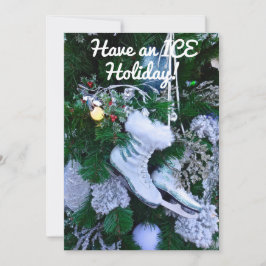 Tarjeta Festiva Patines de Hielo con Purpurina Azul en el Árbol de