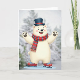 Tarjeta Festiva Patines de vacaciones de oso polar de nieve