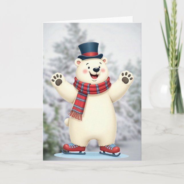 Tarjeta Festiva Patines de vacaciones del oso polar de nieve (Anverso)