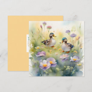 Tarjeta Festiva Pato Cute Acuarela y Flores Silvestres en Blanco 