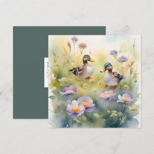 Tarjeta Festiva Pato Cute Acuarela y Flores Silvestres en Blanco 