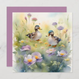 Tarjeta Festiva Pato Cute Acuarela y Flores Silvestres en Blanco