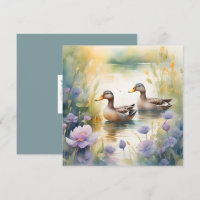 Pato Cute Acuarela y Flores Silvestres en Blanco 