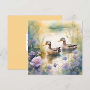Tarjeta Festiva Pato de acuarela linda y flores silvestres en blan