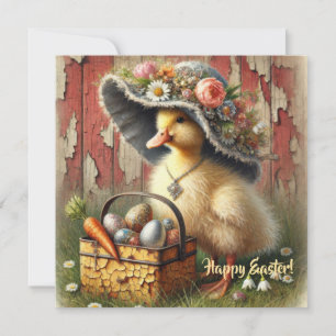Tarjeta Festiva Pato de Pascua vintage con huevos en acuarela