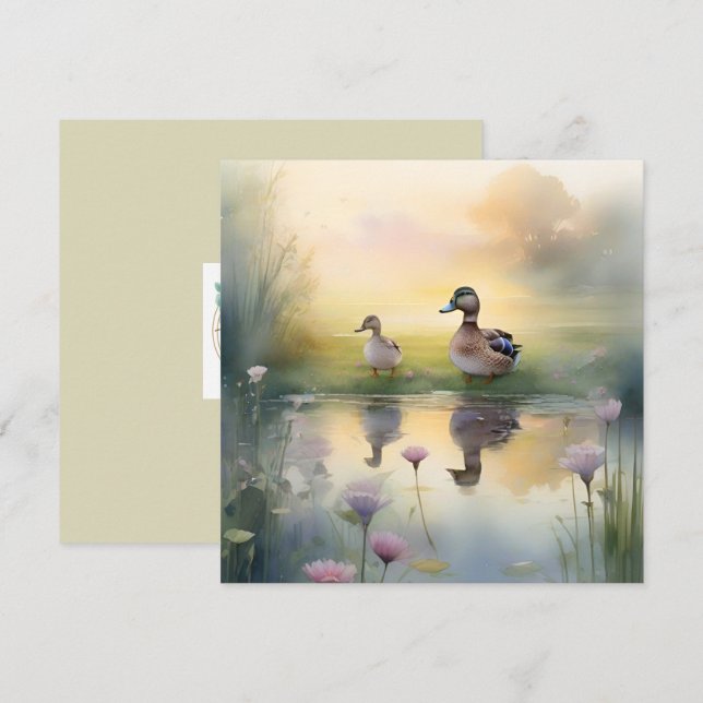 Tarjeta Festiva Pato en acuarela linda reflexión en blanco (Anverso / Reverso)