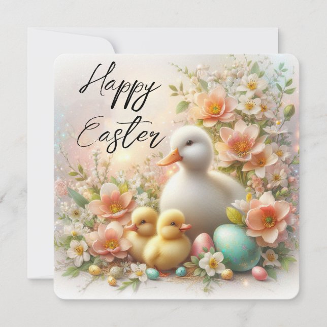 Tarjeta Festiva Pato Feliz Pascua, Patitos, Huevos y Flores (Anverso)