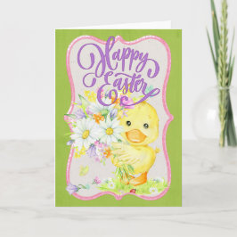 Tarjeta Festiva Pato lindo con flores de primavera - Feliz Pascua