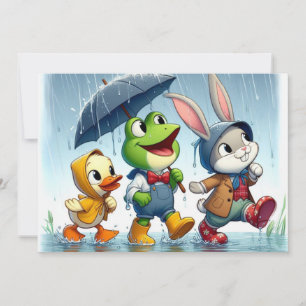 Tarjeta Festiva Pato lindo, rana, conejito bajo la lluvia