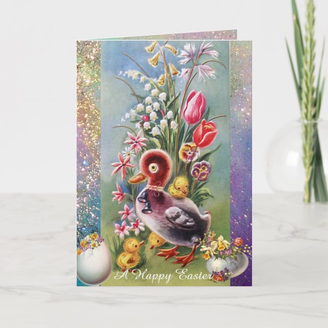 TARJETA FESTIVA PATO PEQUEÑO, POLLOS, HUEVOS ORIENTALES CON FLORES (Anverso)