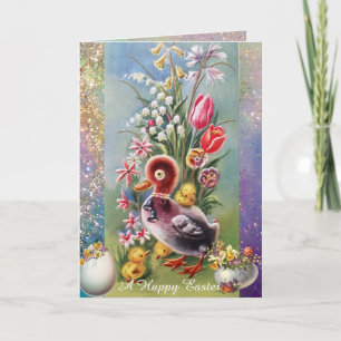 TARJETA FESTIVA PATO PEQUEÑO, POLLOS, HUEVOS ORIENTALES CON FLORES