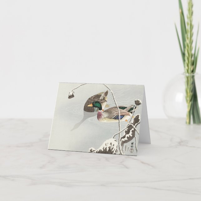 Tarjeta Festiva Patos silvestres cerca de un loto cubierto de niev (Anverso)