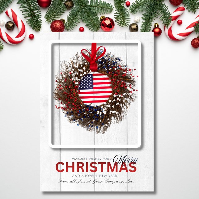 Tarjeta Festiva Patriotic Wreath Merry Christmas Wishes (A festive patriotic wreath design sharing warm Christmas wishes from your company.)
