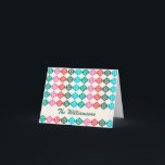 Tarjeta Festiva Patrón atómico retro mediocre personalizado<br><div class="desc">Estilo retro vintage moderno patrón atómico de mediados de siglo en verde,  rojo y rosa,  personalizado con tu nombre.</div>