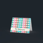 Tarjeta Festiva Patrón atómico retro mediocre personalizado<br><div class="desc">Estilo retro vintage moderno patrón atómico de mediados de siglo en verde,  rojo y rosa,  personalizado con tu nombre.</div>