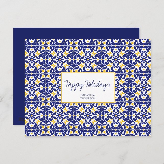 Tarjeta Festiva Patrón azul y amarillo de mosaicos mediterráneos (Anverso / Reverso)