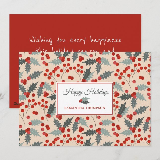 Tarjeta Festiva Patrón botánico de los Navidades de Holly Berry mo (Anverso / Reverso)