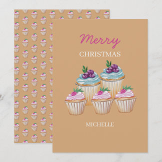 Tarjeta Festiva Patrón de acuarela de cupcakes y frutas
