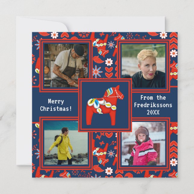 Tarjeta Festiva Patrón de caballo Dala sueco rojo de arte popular  (Anverso)