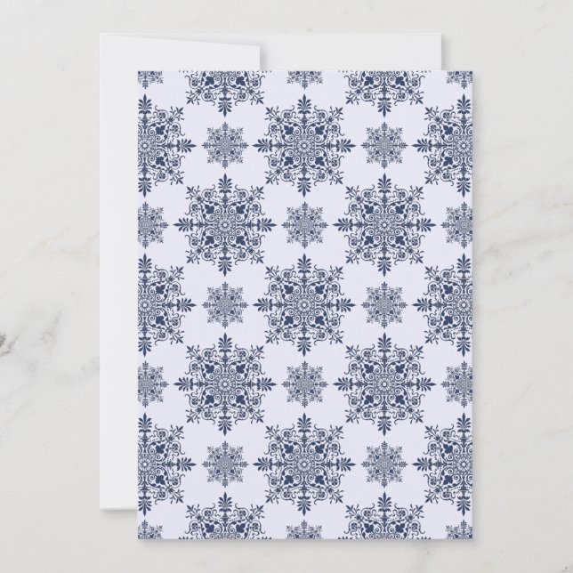 Tarjeta Festiva Patrón de Damasco de copo de nieve azul (Anverso)