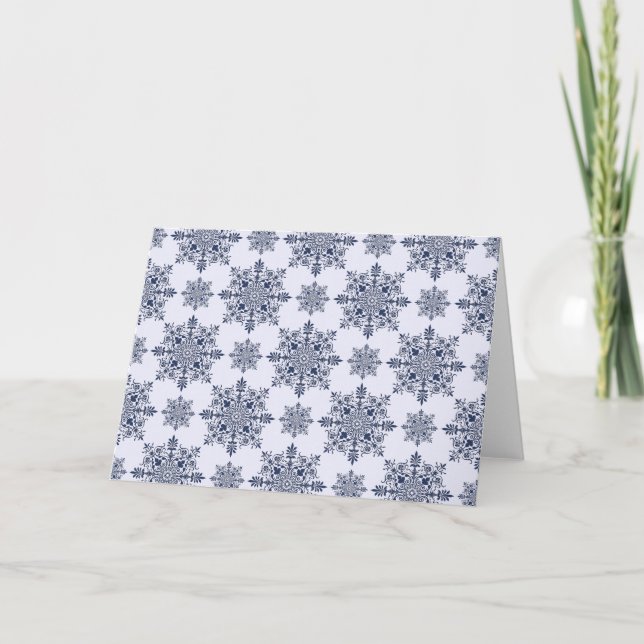 Tarjeta Festiva Patrón de Damasco de copo de nieve azul (Anverso)