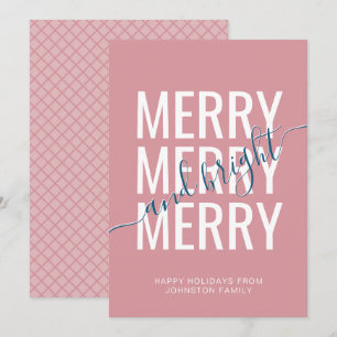 Tarjeta Festiva Patrón de damero rosa para Navidades merry y brill