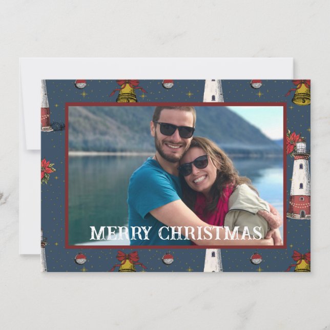 Tarjeta Festiva Patrón de faro costero de Navidades náuticos (Anverso)