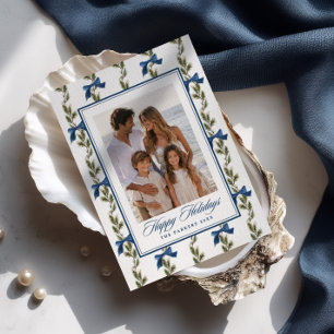 Tarjeta Festiva Patrón de foto de lazo azul de hoja perenne